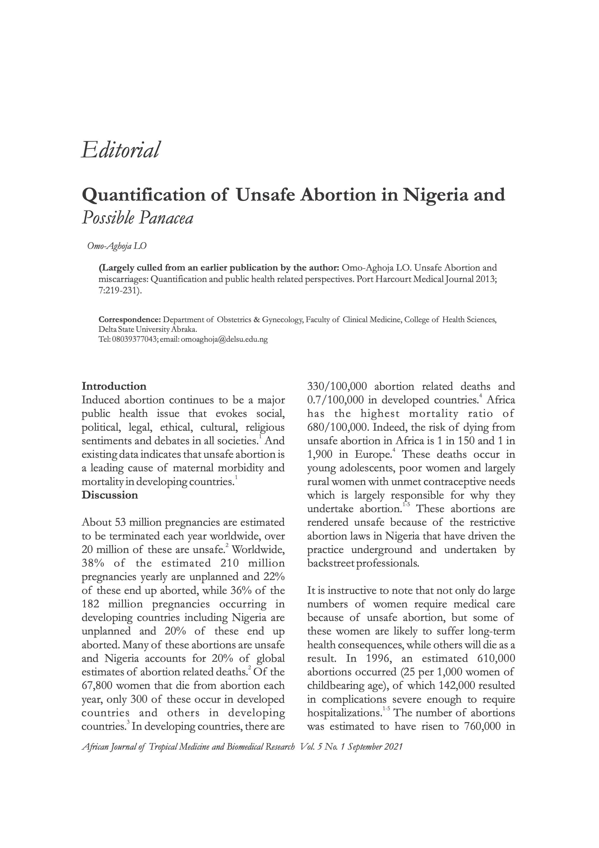 Quantification of Unsafe Abortion in Nigeria and Possible Panacea