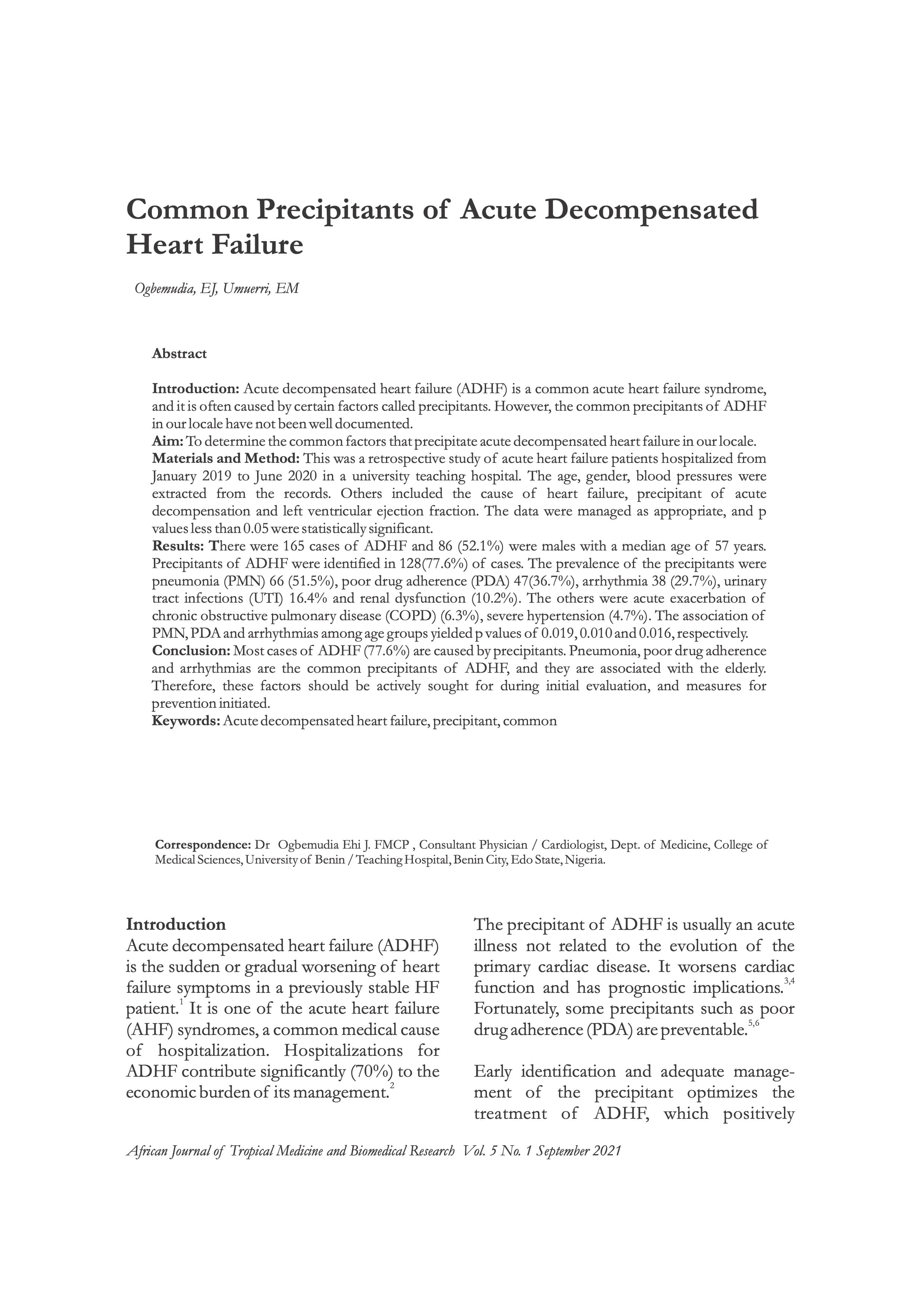 Common Precipitants of Acute Decompensated Heart Failure