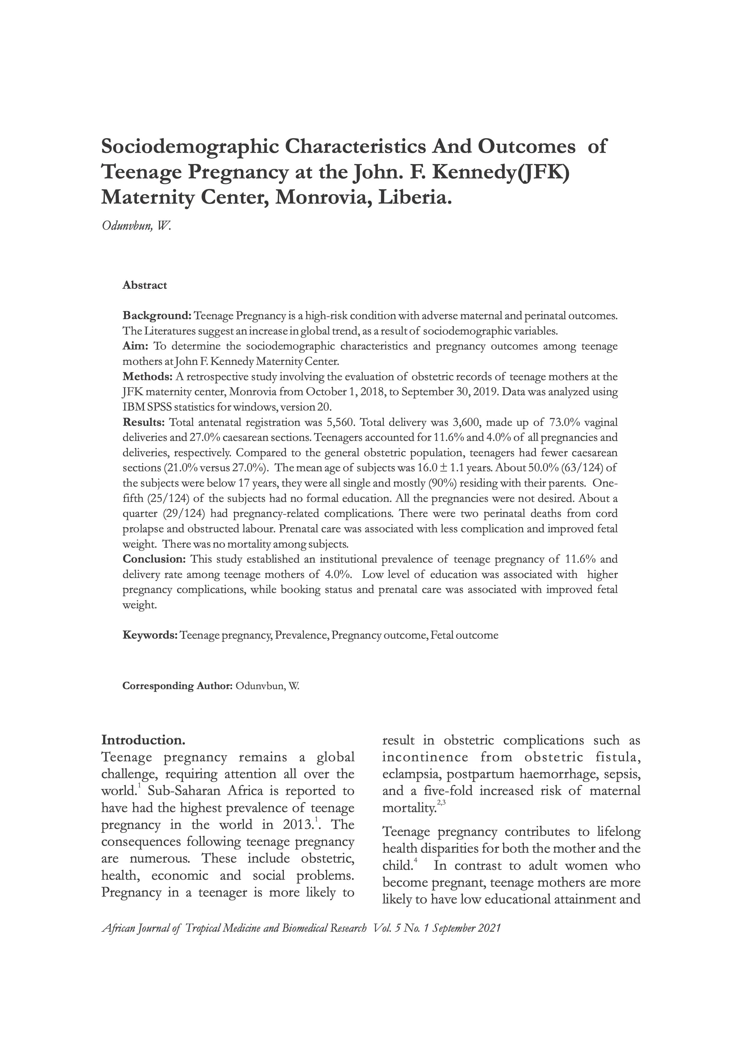 Sociodemographic Characteristics And Outcomes of Teenage Pregnancy at the John. F. Kennedy (JFK) Maternity Center, Monrovia, Liberia