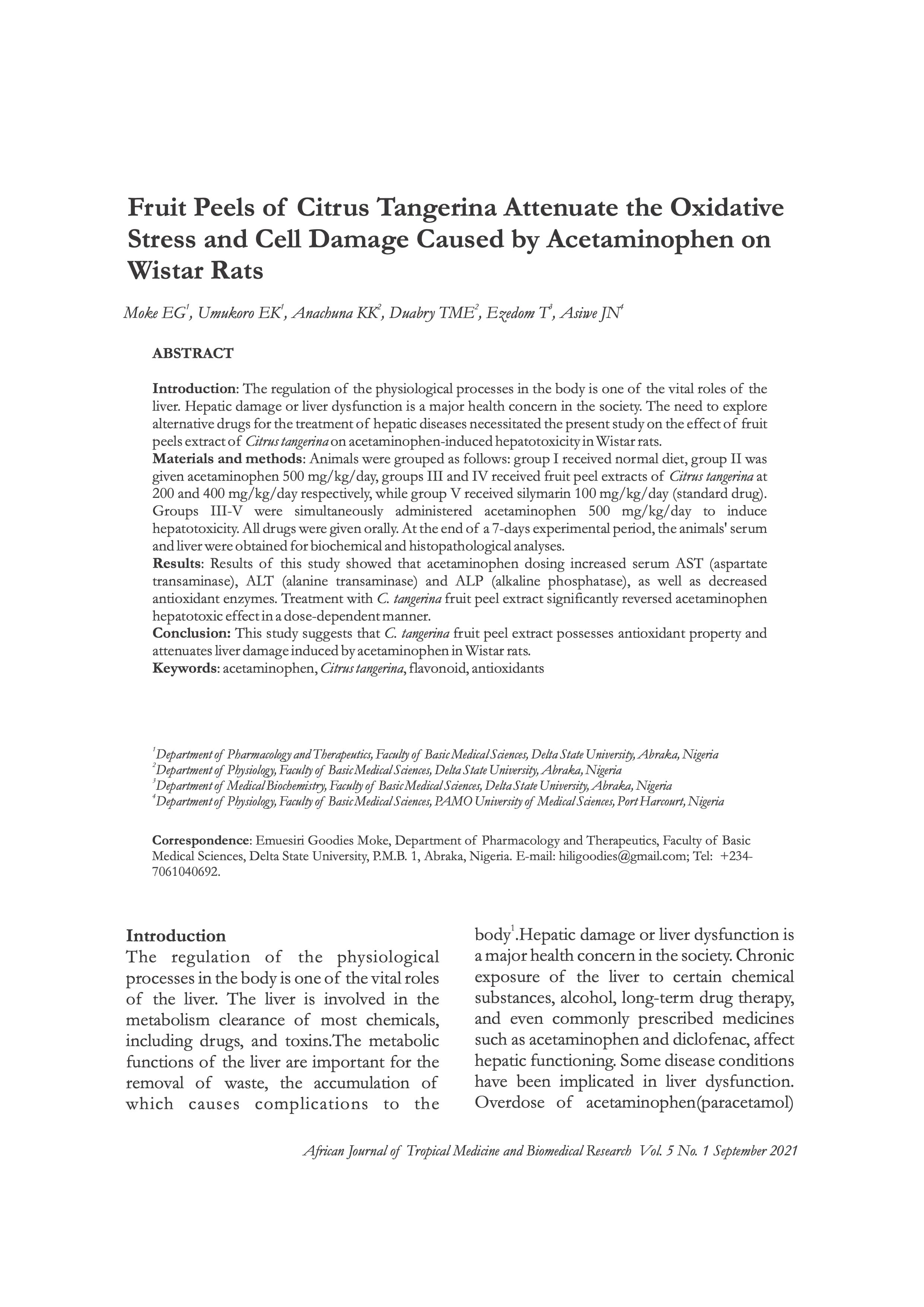 Fruit Peels of Citrus Tangerina Attenuate the Oxidative Stress and Cell Damage Caused by Acetaminophen on Wistar Rats