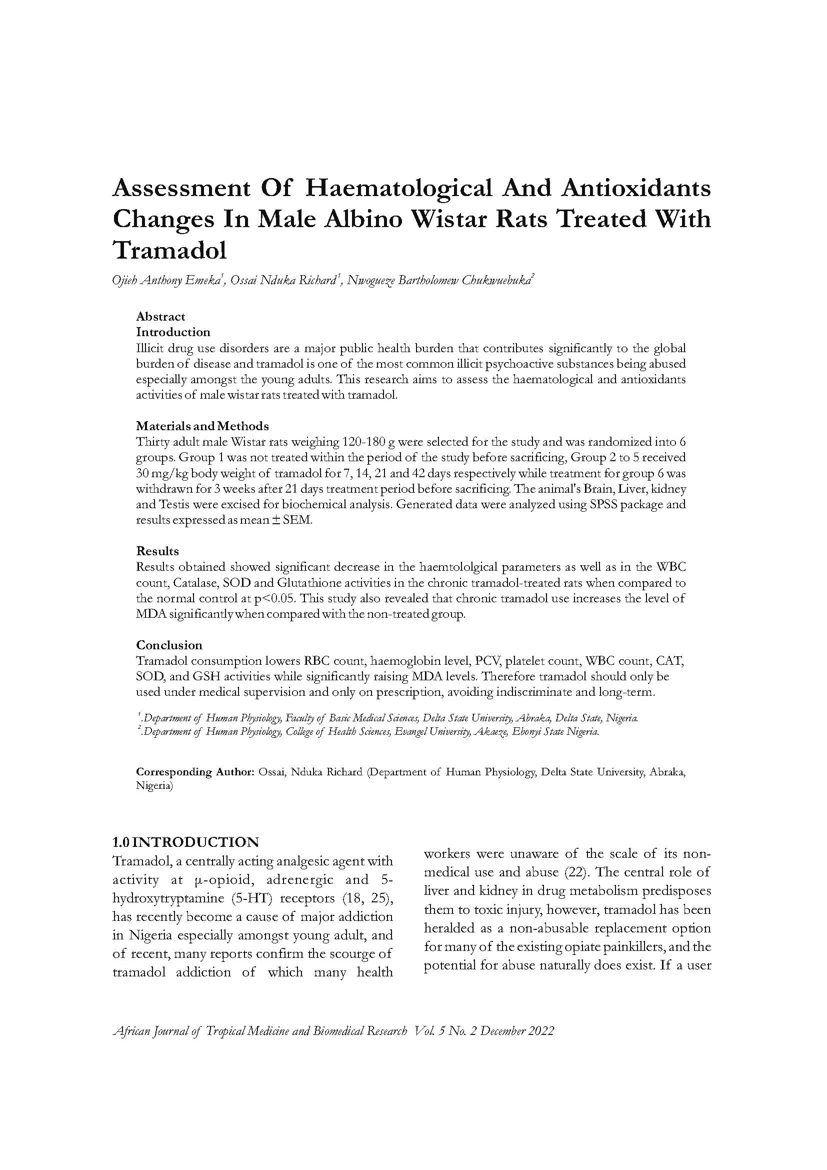 Assessment Of Haematological And Antioxidants  Changes In Male Albino Wistar Rats Treated With  Tramadol