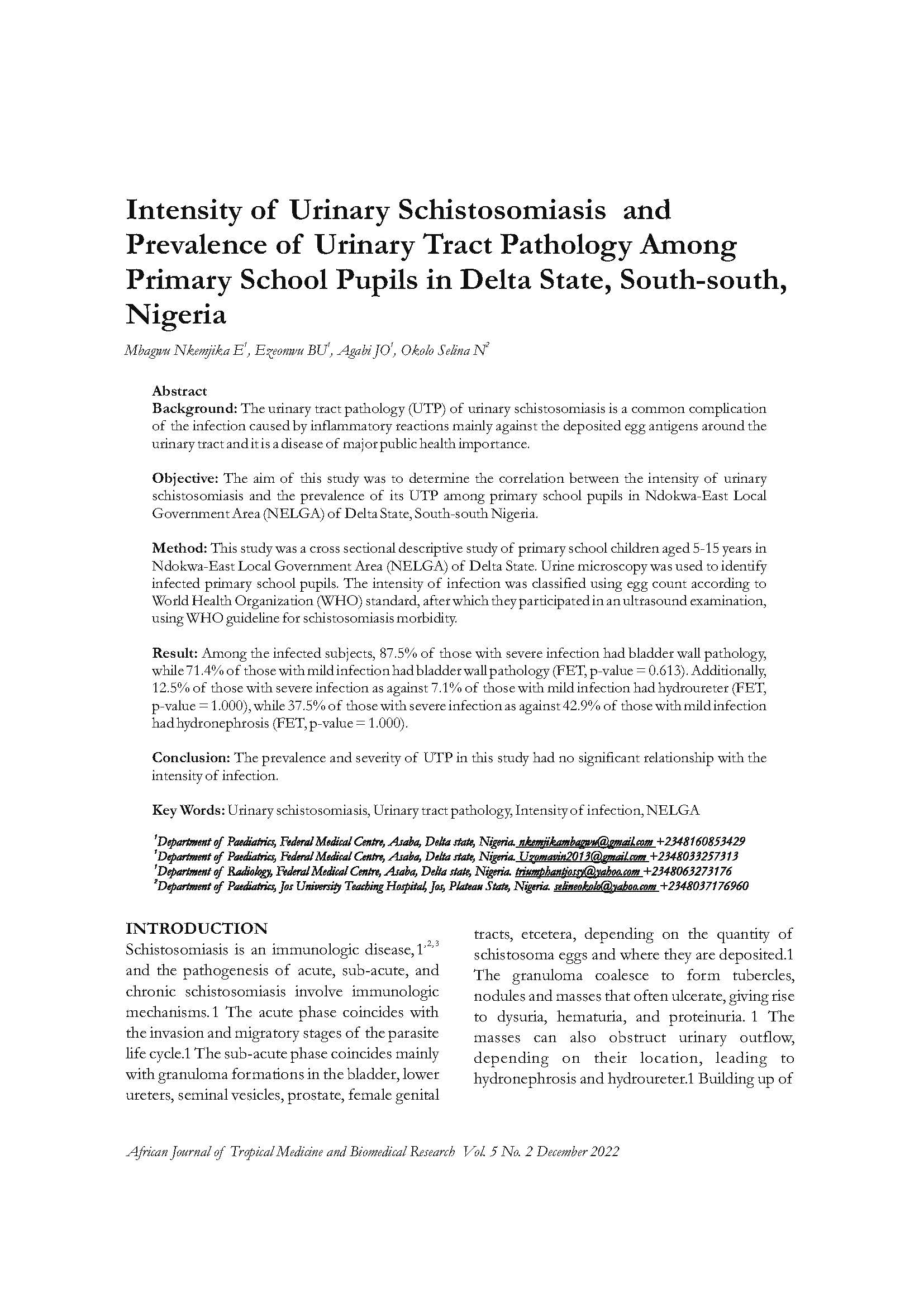 Intensity of Urinary Schistosomiasis and  Prevalence of Urinary Tract Pathology Among  Primary School Pupils in Delta State, South-south,  Nigeria
