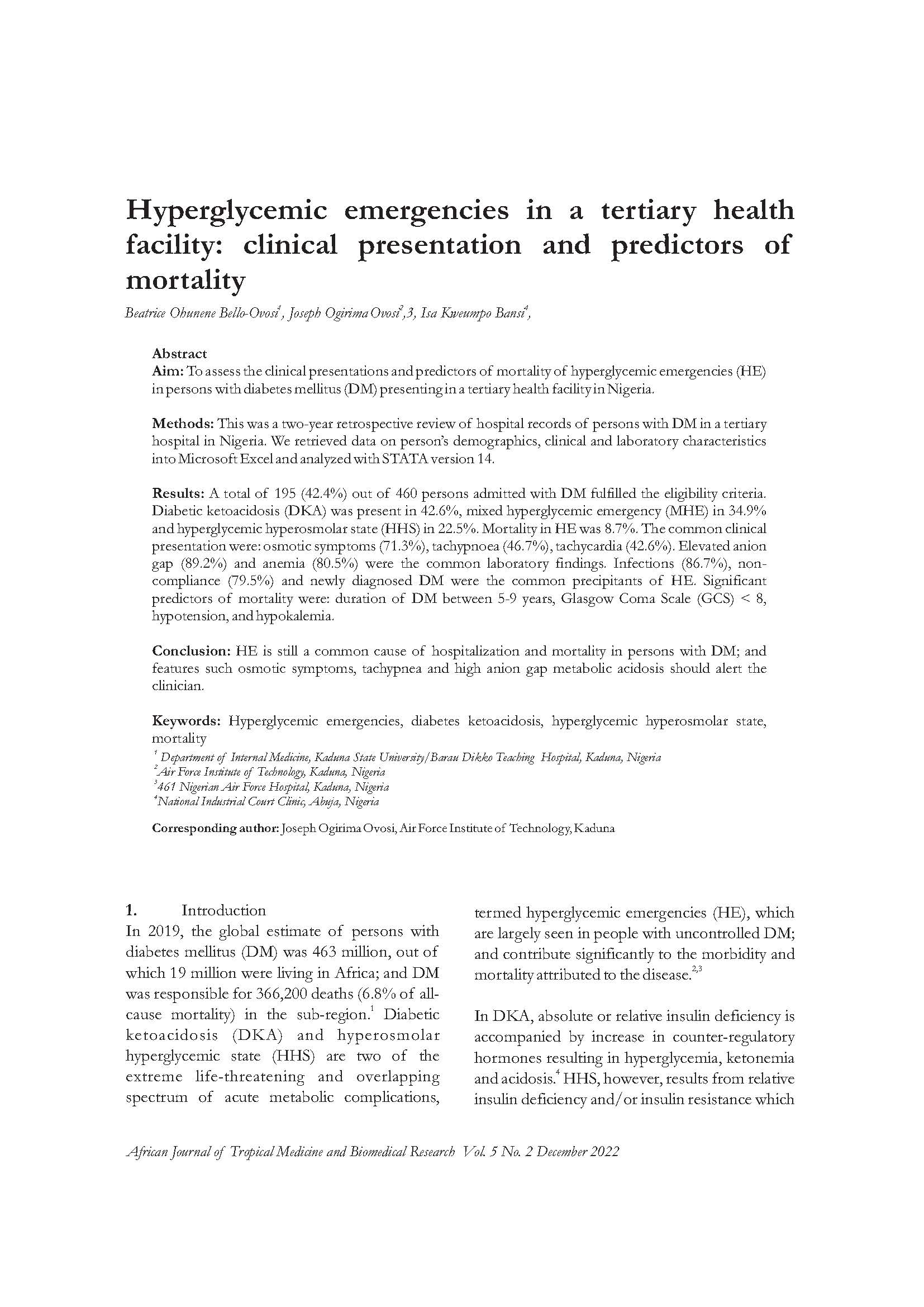 Hyperglycemic emergencies in a tertiary health facility: Clinical presentation and predictors of mortality